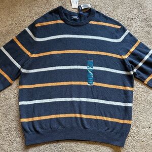 IZOD Men Sweater Crewneck Striped Navy Orange Gray Knit Pullover Size L NWT